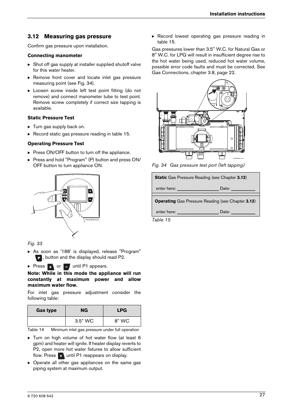 12 measuring gas pressure | Bosch GWH 2700 ES LP User Manual | Page 27 / 60