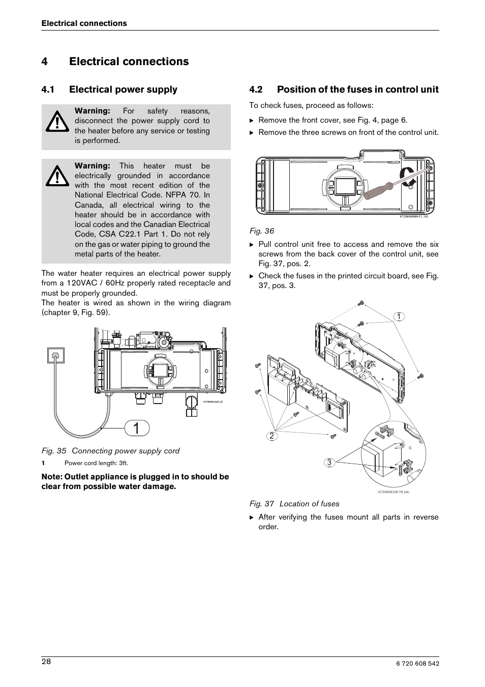 4electrical connections, 1 electrical power supply, 2 position of the fuses in control unit | Bosch GWH 2700 ES LP User Manual | Page 28 / 60