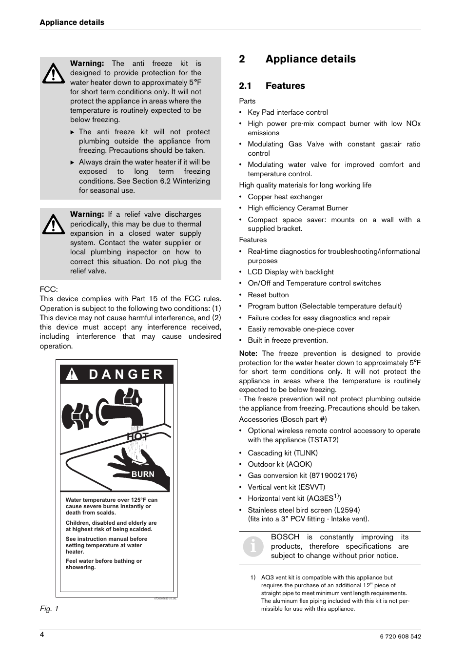 2appliance details, 1 features | Bosch GWH 2700 ES LP User Manual | Page 4 / 60