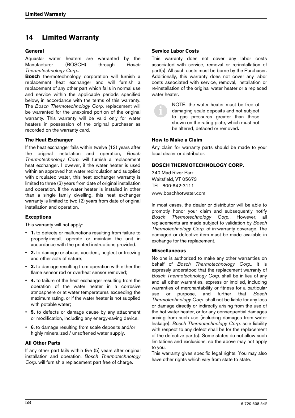 14 limited warranty | Bosch GWH 2700 ES LP User Manual | Page 58 / 60