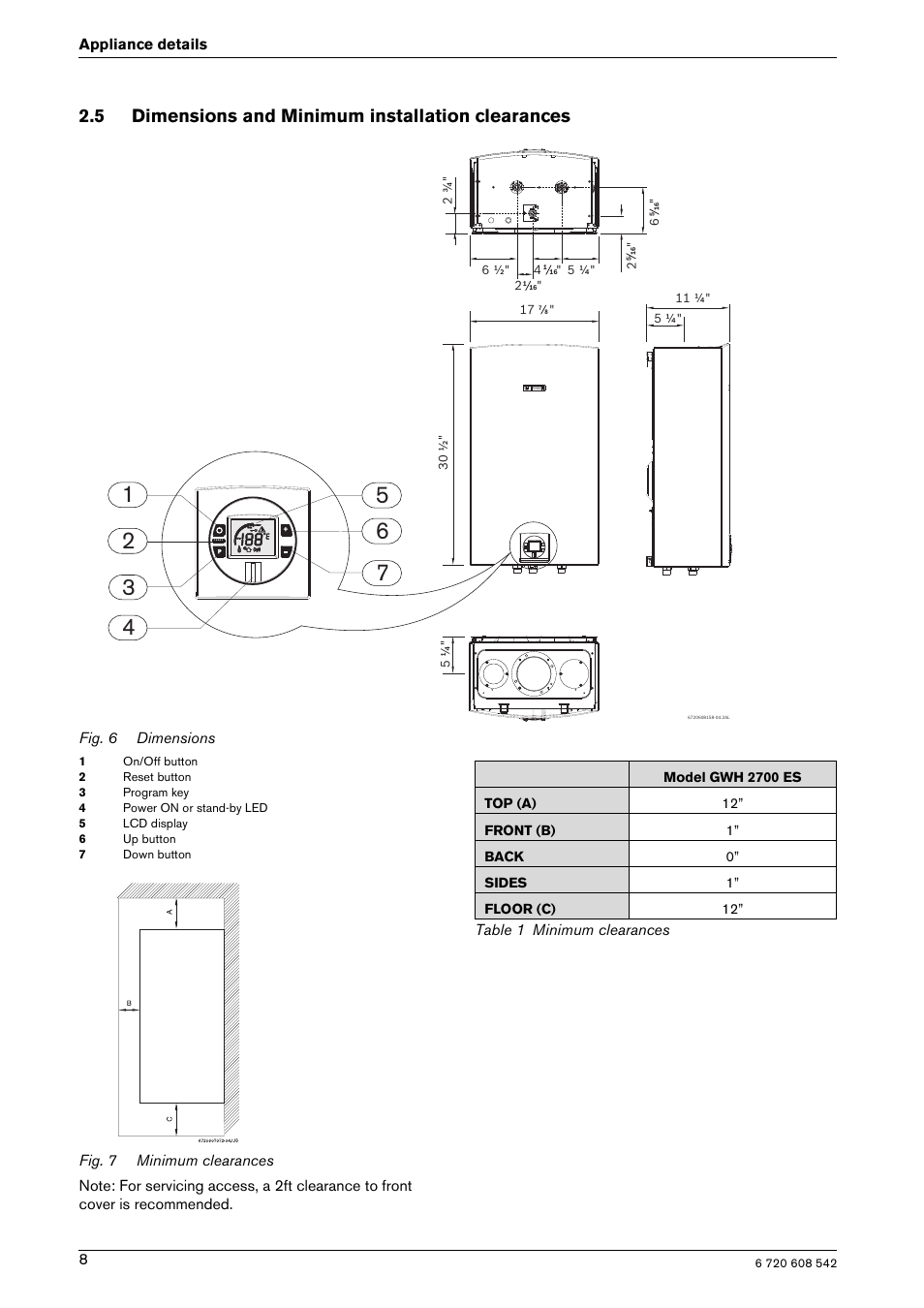 5 dimensions and minimum installation clearances | Bosch GWH 2700 ES LP User Manual | Page 8 / 60