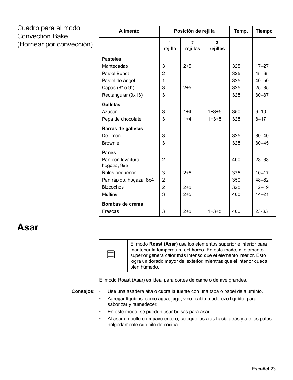 Asar, Consejos | Bosch HBL34 User Manual | Page 102 / 120