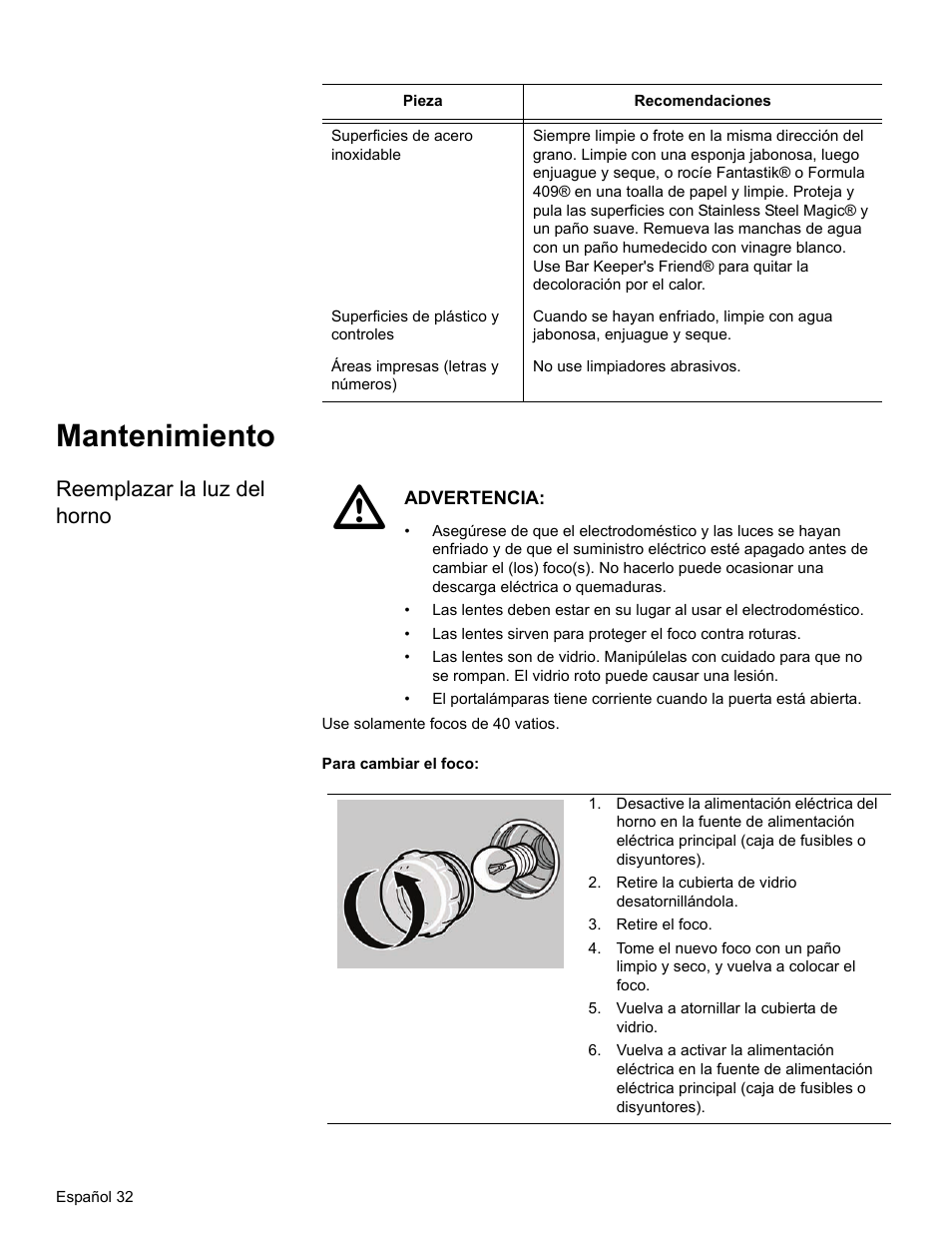 Mantenimiento, Reemplazar la luz del horno, Retire la cubierta de vidrio desatornillándola | Retire el foco, Vuelva a atornillar la cubierta de vidrio | Bosch HBL34 User Manual | Page 111 / 120