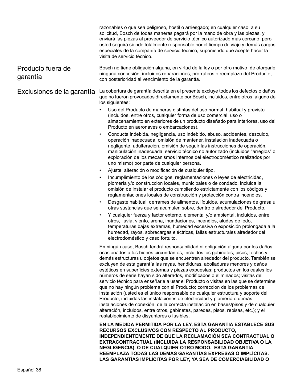 Producto fuera de garantía, Exclusiones de la garantía | Bosch HBL34 User Manual | Page 117 / 120