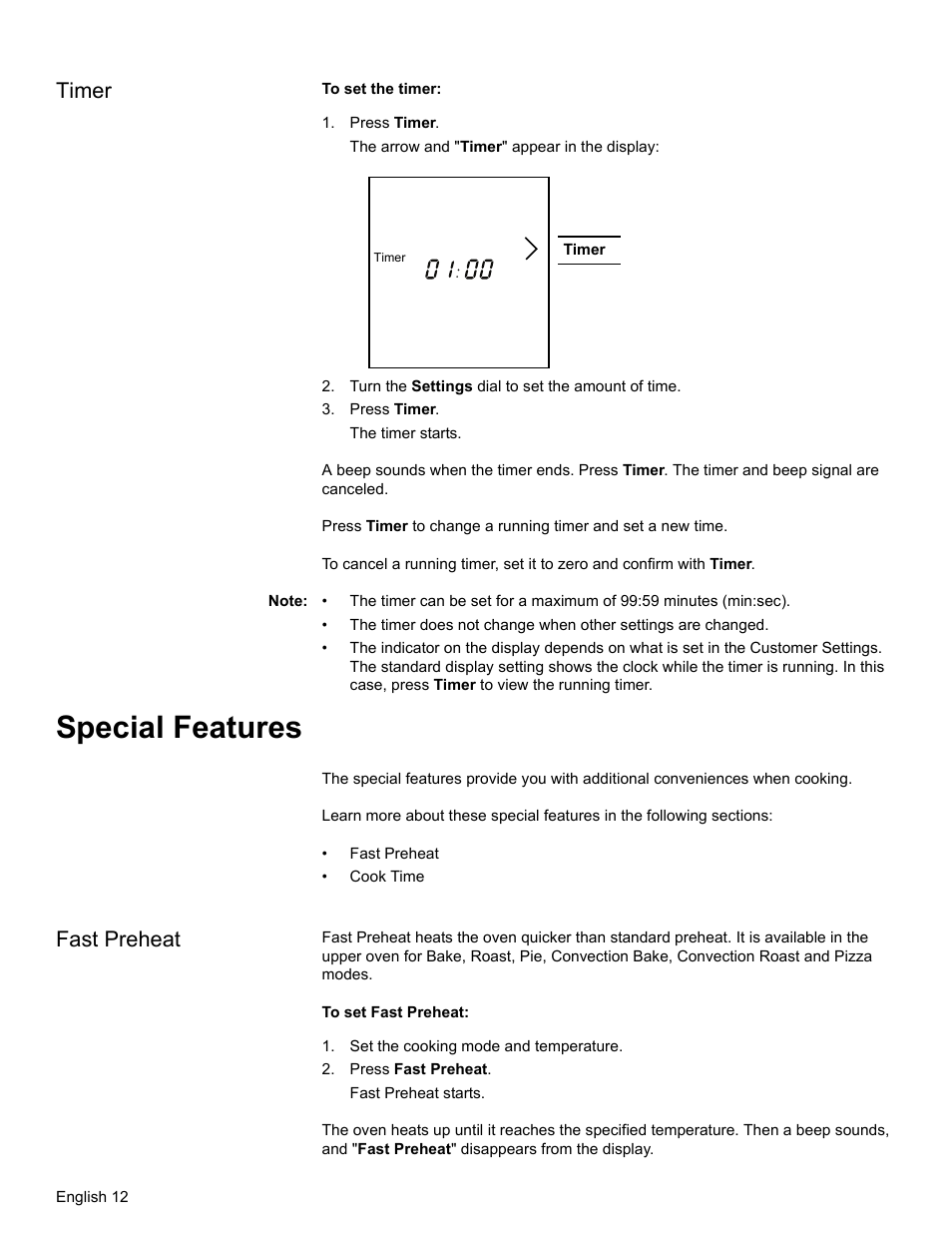 Timer, Press timer, Turn the settings dial to set the amount of time | Note, Special features, Fast preheat, Set the cooking mode and temperature, Press fast preheat | Bosch HBL34 User Manual | Page 15 / 120