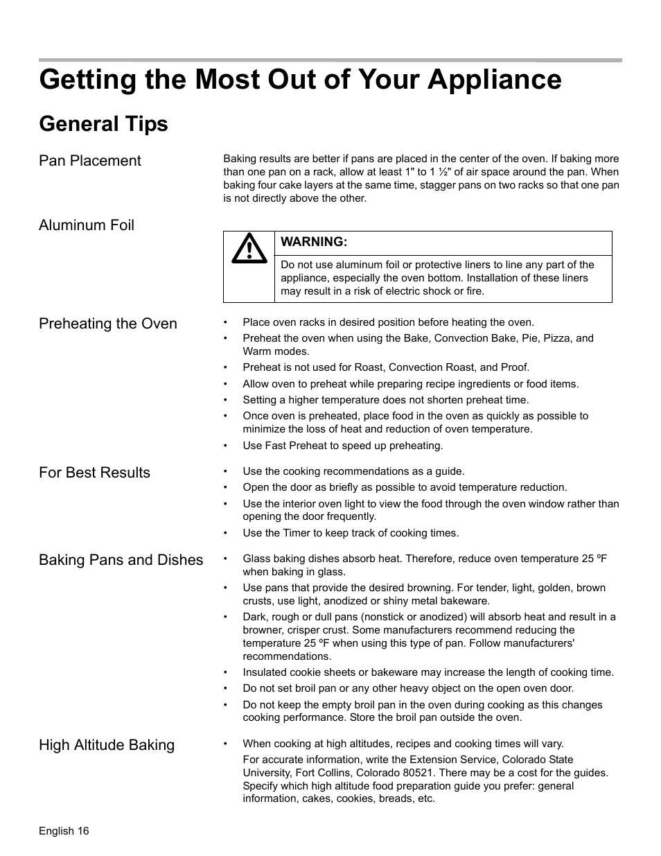 Getting the most out of your appliance, General tips, Pan placement | Aluminum foil, Preheating the oven, For best results, Baking pans and dishes, High altitude baking, Aluminum foil preheating the oven | Bosch HBL34 User Manual | Page 19 / 120