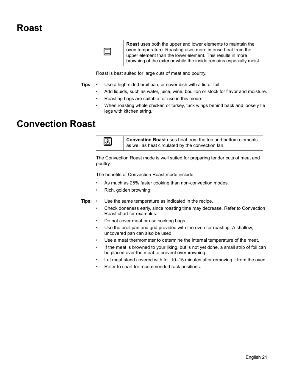 Roast, Tips, Convection roast | Bosch HBL34 User Manual | Page 24 / 120