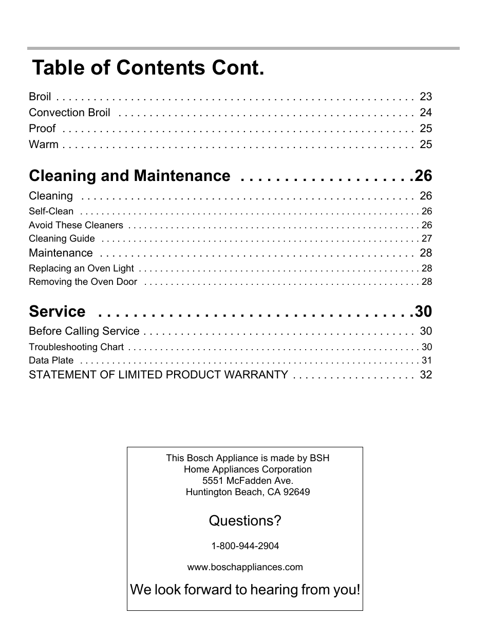 Broil 23, Convection broil 24, Proof 25 | Warm 25, Cleaning and maintenance 26, Cleaning 26, Maintenance 28, Service 30, Before calling service 30, Statement of limited product warranty 32 | Bosch HBL34 User Manual | Page 3 / 120