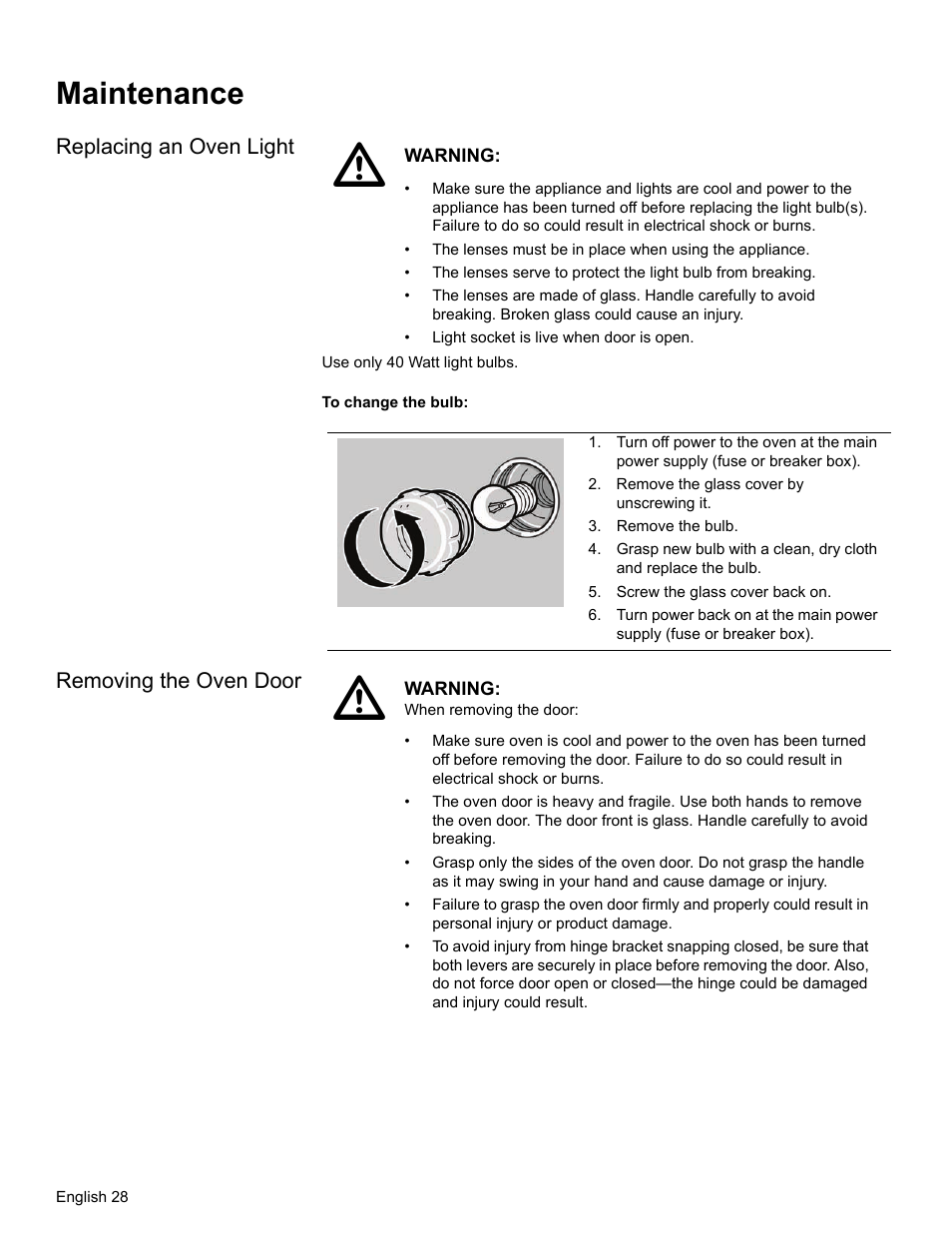 Maintenance, Replacing an oven light, Remove the glass cover by unscrewing it | Remove the bulb, Screw the glass cover back on, Removing the oven door | Bosch HBL34 User Manual | Page 31 / 120