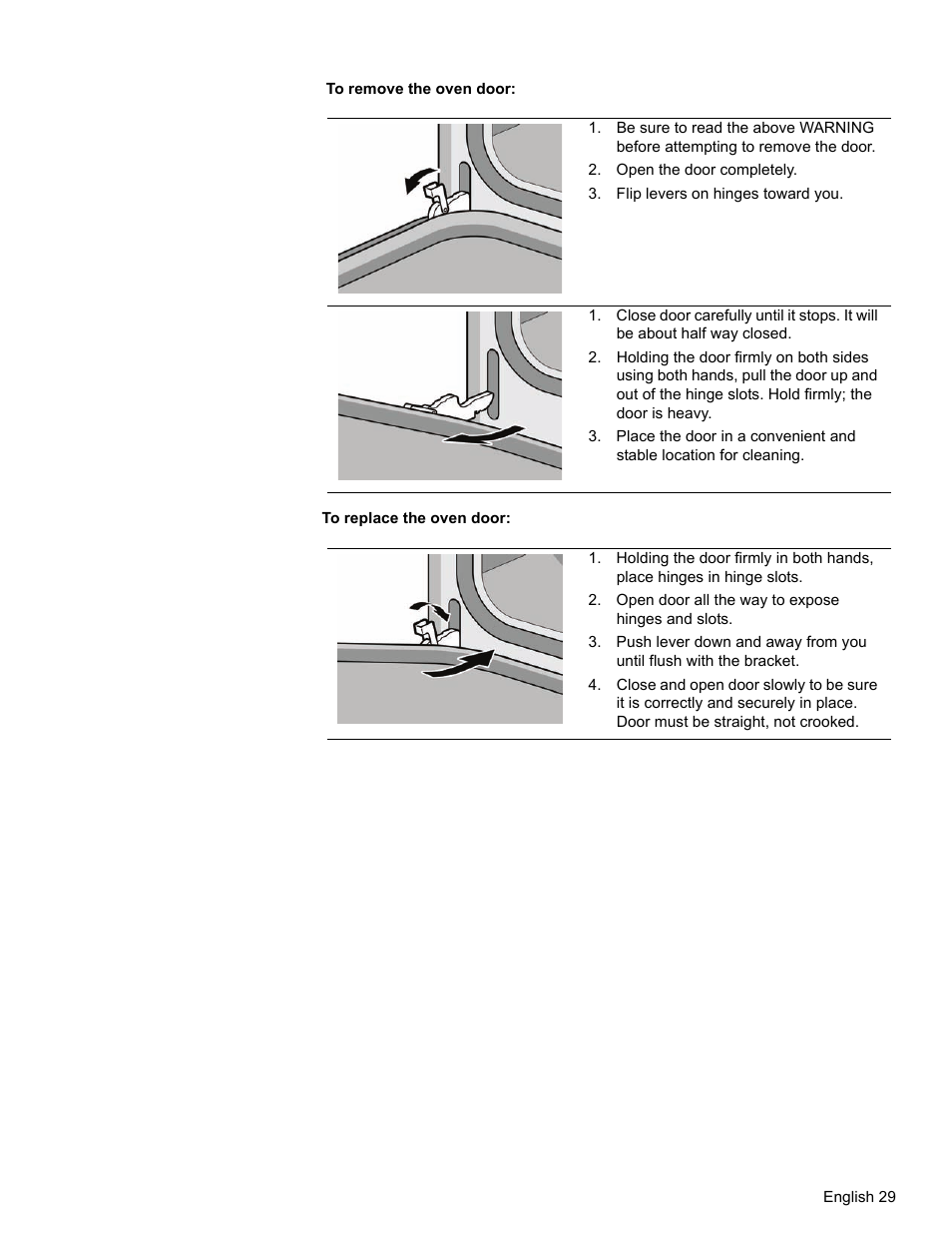 Open the door completely, Flip levers on hinges toward you, Open door all the way to expose hinges and slots | Bosch HBL34 User Manual | Page 32 / 120