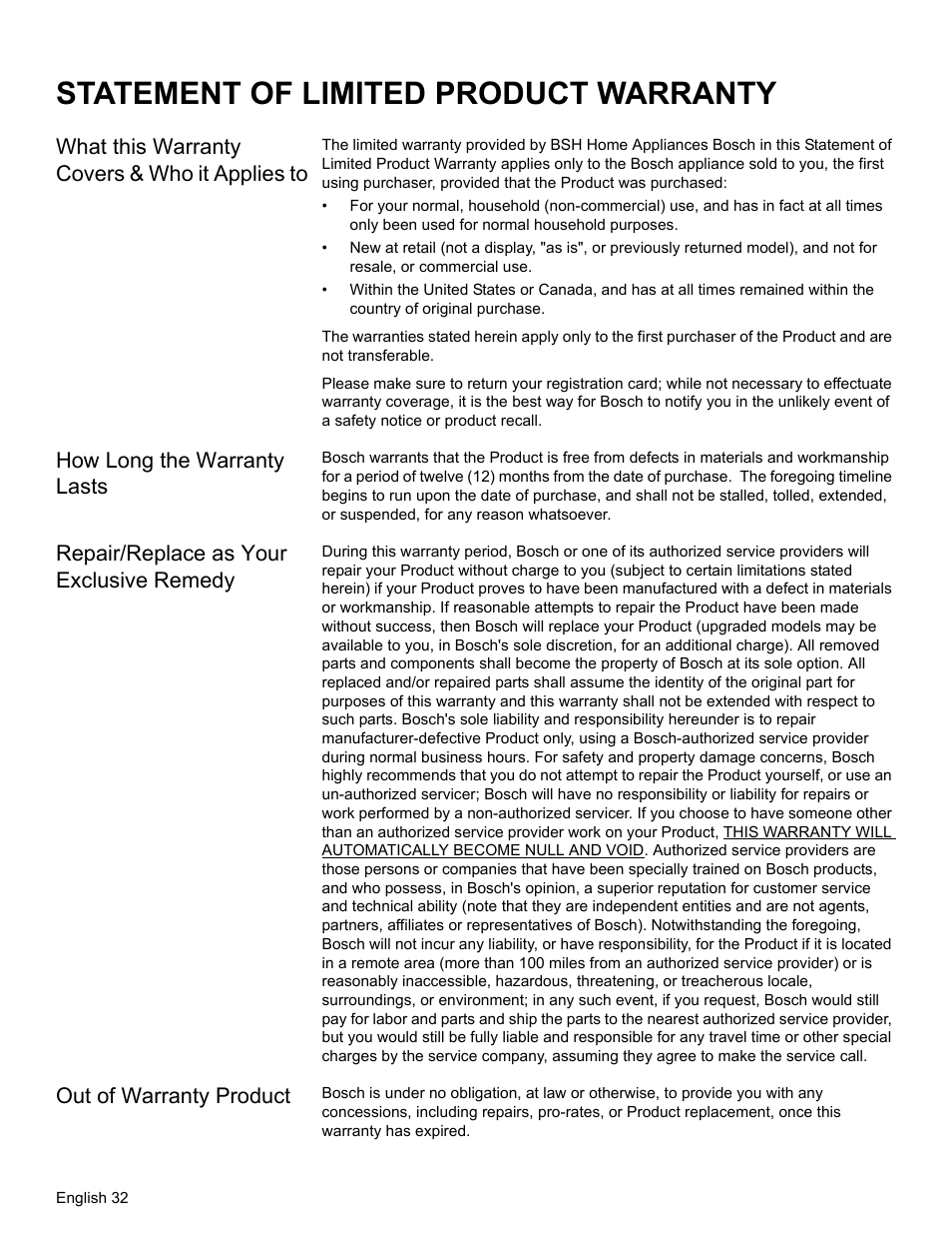 Statement of limited product warranty, What this warranty covers & who it applies to, How long the warranty lasts | Repair/replace as your exclusive remedy, Out of warranty product | Bosch HBL34 User Manual | Page 35 / 120