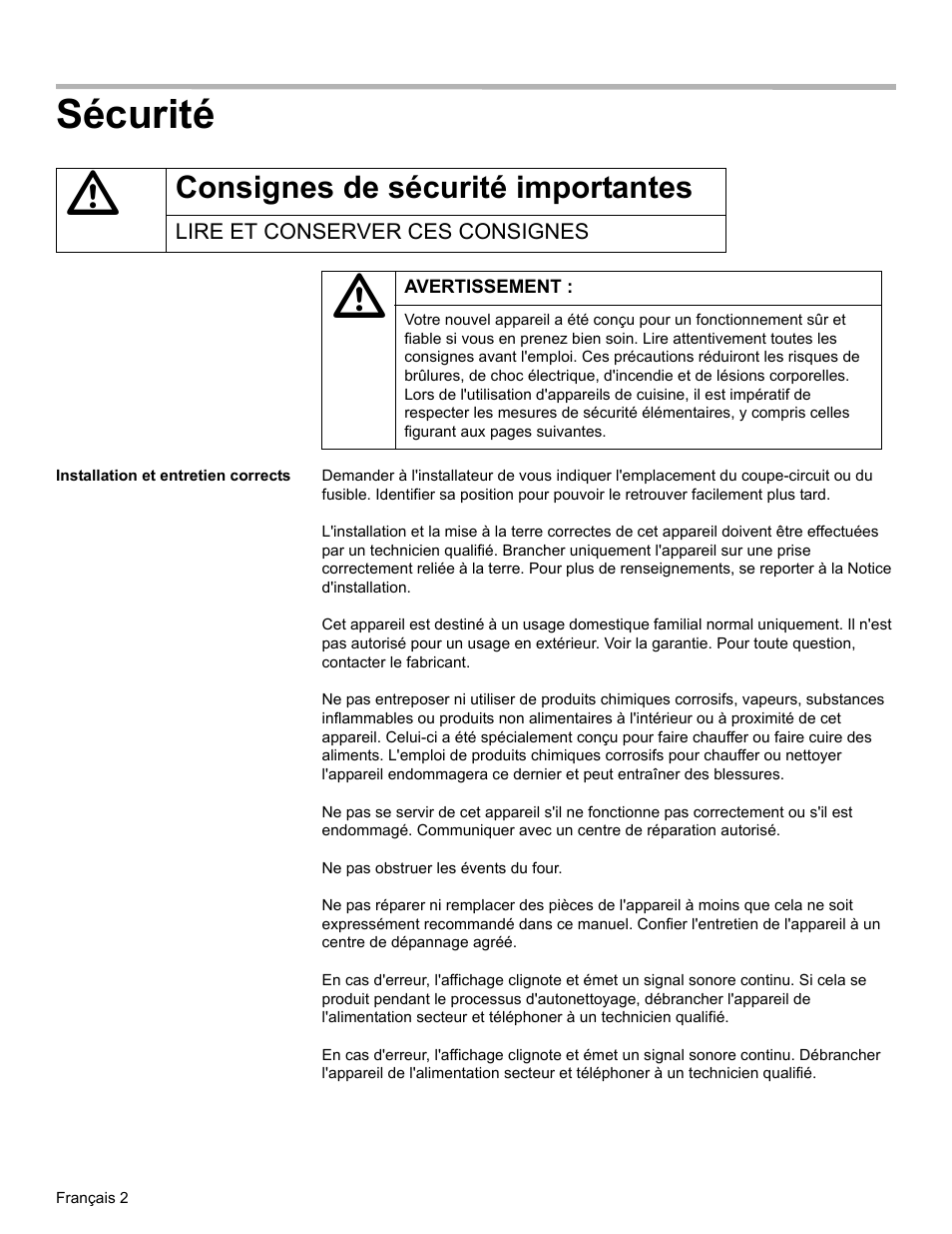 Sécurité, Consignes de sécurité importantes, Lire et conserver ces consignes | Installation et entretien corrects | Bosch HBL34 User Manual | Page 41 / 120