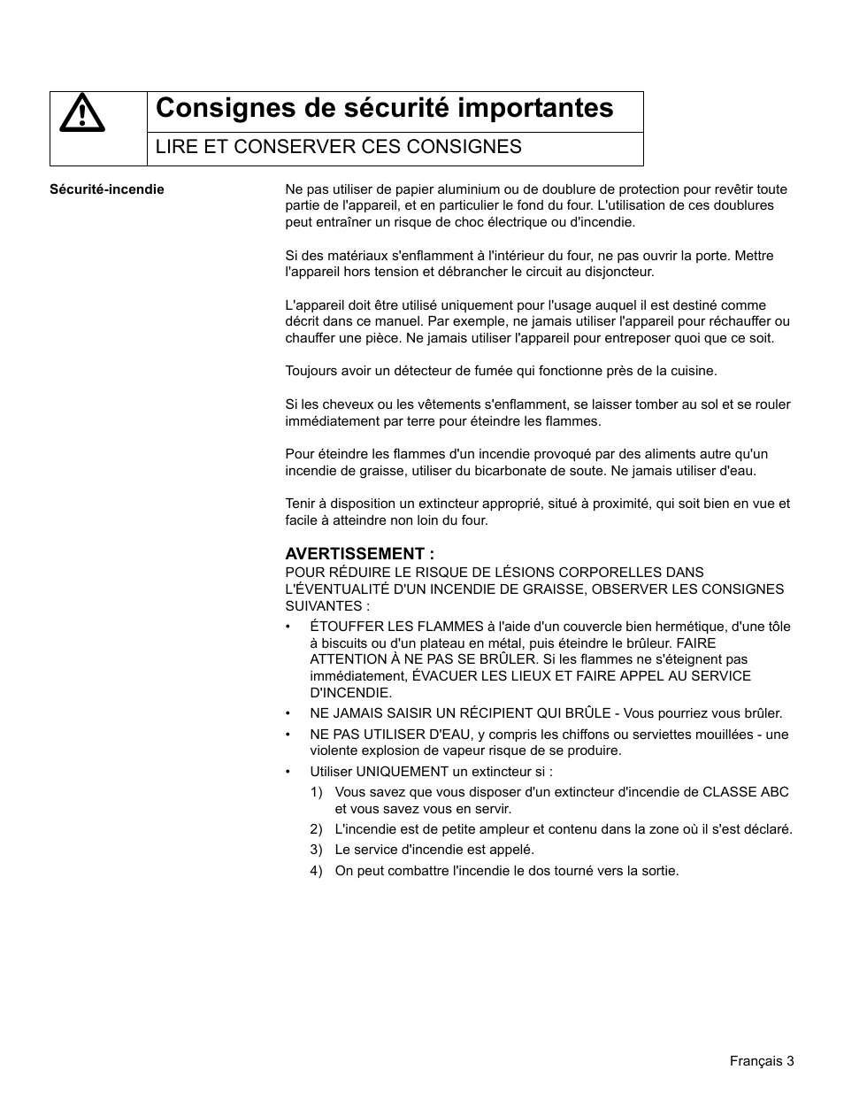 Consignes de sécurité importantes, Lire et conserver ces consignes, Sécurité-incendie | 3) le service d'incendie est appelé | Bosch HBL34 User Manual | Page 42 / 120