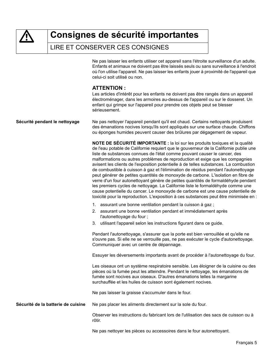 Consignes de sécurité importantes, Lire et conserver ces consignes, Sécurité pendant le nettoyage | Sécurité de la batterie de cuisine | Bosch HBL34 User Manual | Page 44 / 120