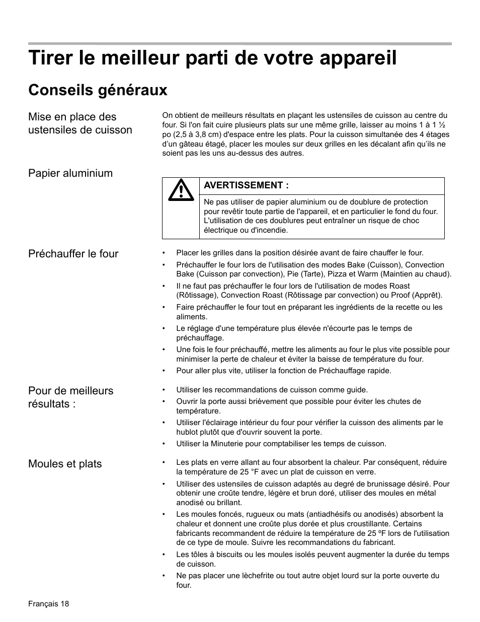 Tirer le meilleur parti de votre appareil, Conseils généraux, Mise en place des ustensiles de cuisson | Papier aluminium, Préchauffer le four, Pour de meilleurs résultats, Moules et plats | Bosch HBL34 User Manual | Page 57 / 120