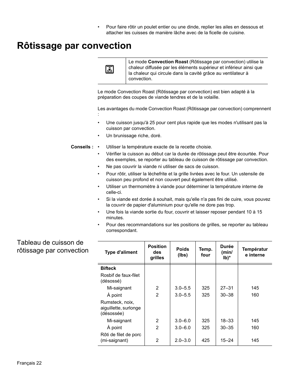 Rôtissage par convection, Conseils, Tableau de cuisson de rôtissage par convection | Bosch HBL34 User Manual | Page 61 / 120