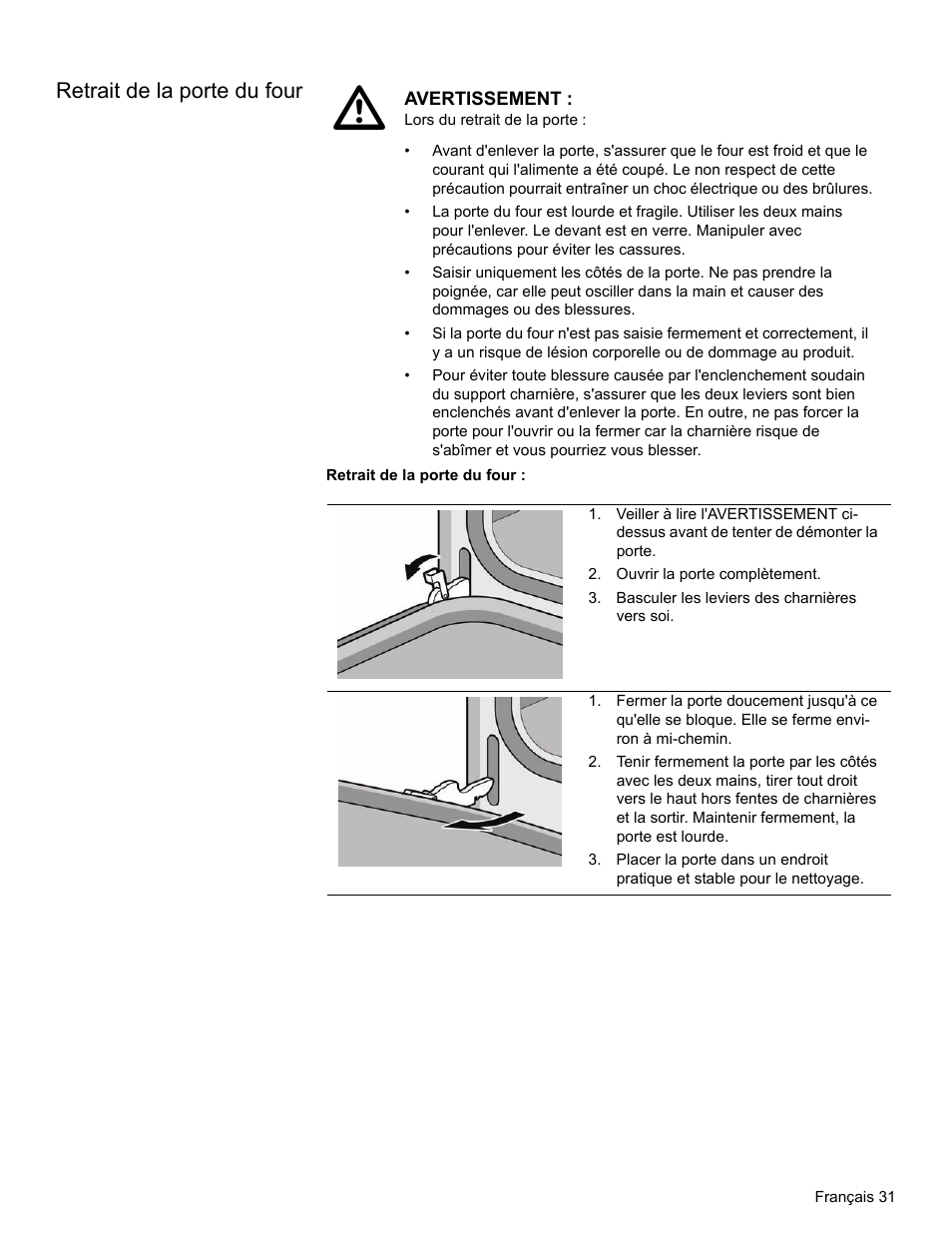 Retrait de la porte du four, Ouvrir la porte complètement, Basculer les leviers des charnières vers soi | Bosch HBL34 User Manual | Page 70 / 120