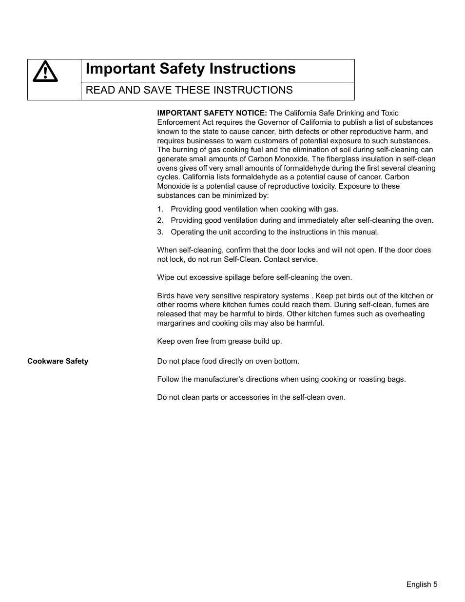 Important safety instructions, Read and save these instructions, Providing good ventilation when cooking with gas | Cookware safety | Bosch HBL34 User Manual | Page 8 / 120