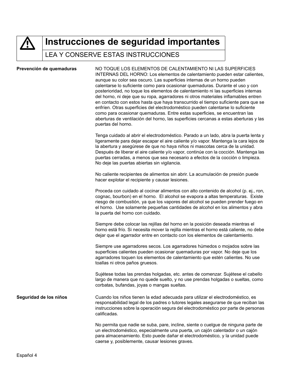 Instrucciones de seguridad importantes, Lea y conserve estas instrucciones, Prevención de quemaduras | Seguridad de los niños | Bosch HBL34 User Manual | Page 83 / 120