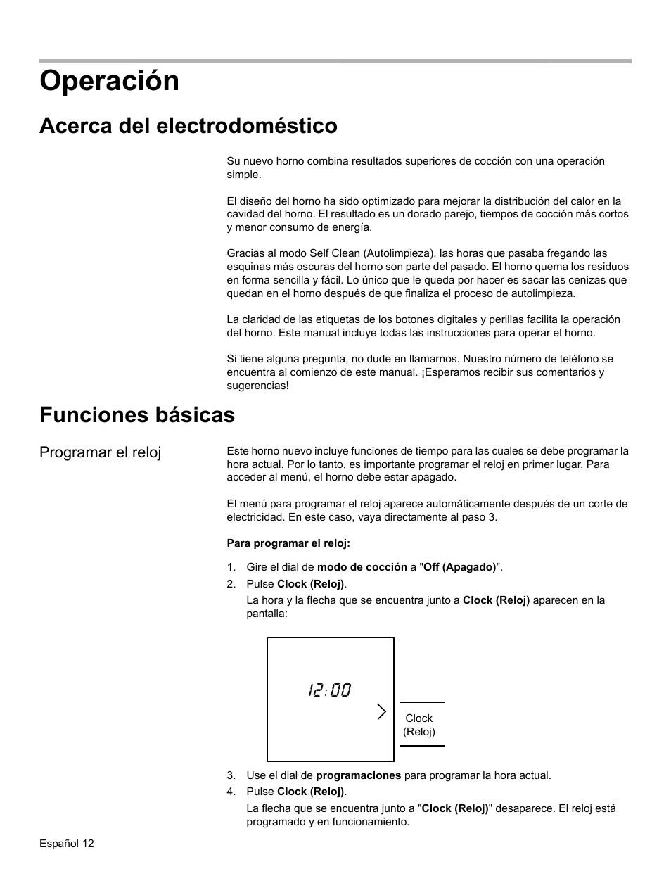 Operación, Acerca del electrodoméstico, Funciones básicas | Programar el reloj, Gire el dial de modo de cocción a "off (apagado), Pulse clock (reloj) | Bosch HBL34 User Manual | Page 91 / 120