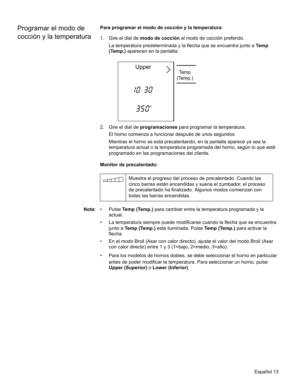 Programar el modo de cocción y la temperatura, Temp (temp.), Nota | Bosch HBL34 User Manual | Page 92 / 120