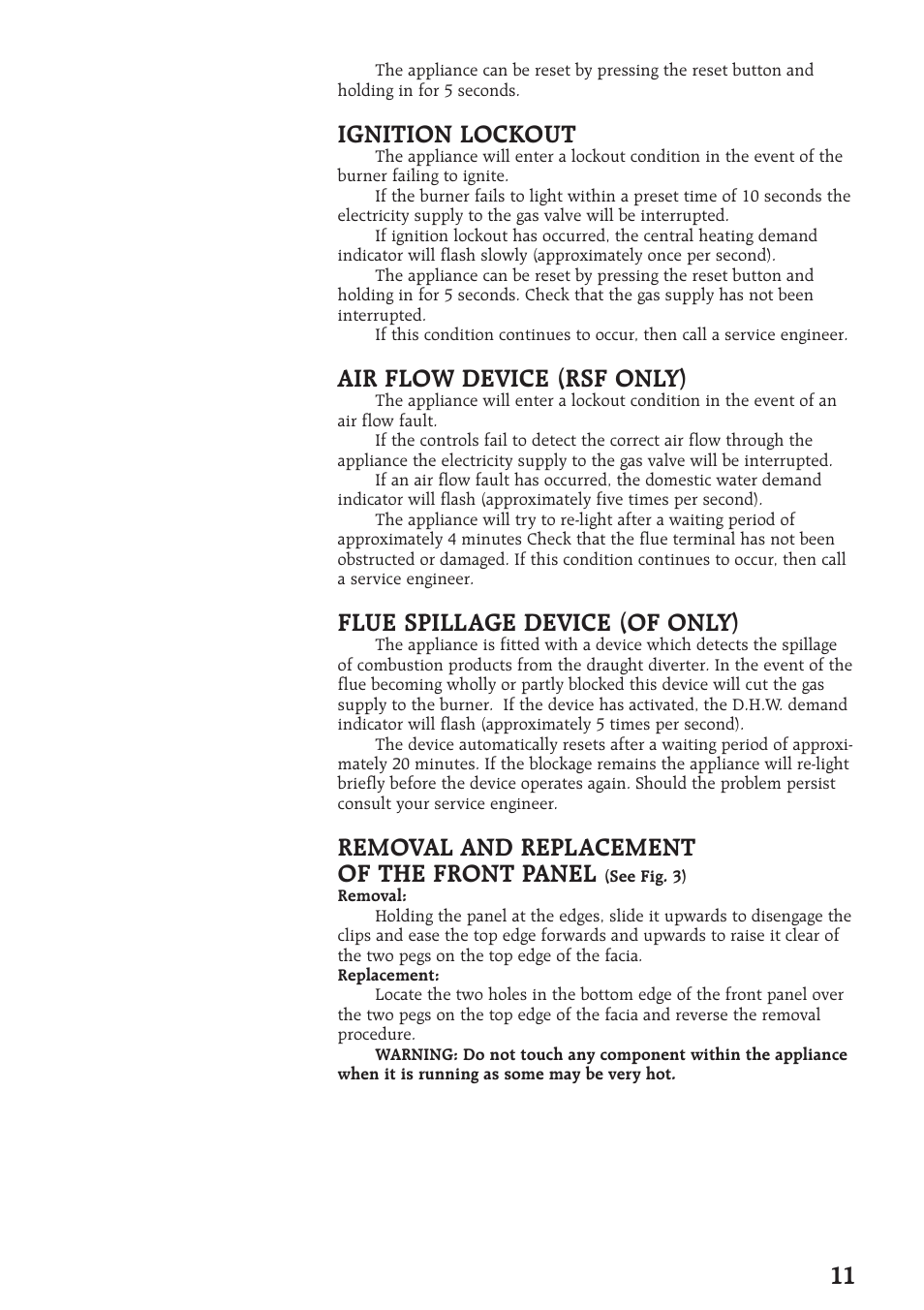 Ignition lockout, Air flow device (rsf only), Flue spillage device (of only) | Removal and replacement of the front panel | Bosch 28CDI User Manual | Page 11 / 16