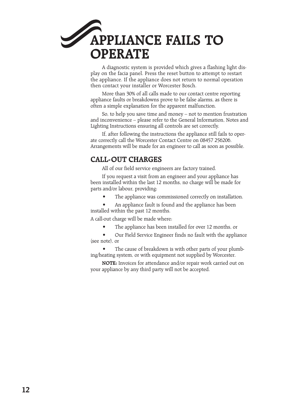 Appliance fails to operate, Call-out charges | Bosch 28CDI User Manual | Page 12 / 16