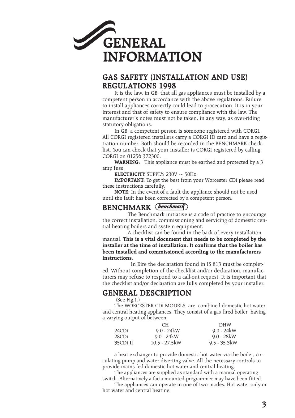 General information, Gas safety (installation and use) regulations 1998, Benchmark | General description | Bosch 28CDI User Manual | Page 3 / 16