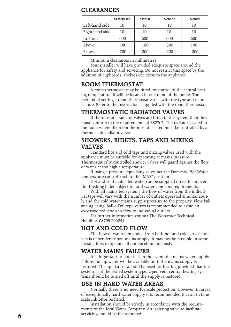 6clearances, Room thermostat, Thermostatic radiator valves | Showers, bidets, taps and mixing valves, Hot and cold flow, Water mains failure, Use in hard water areas | Bosch 28CDI User Manual | Page 6 / 16