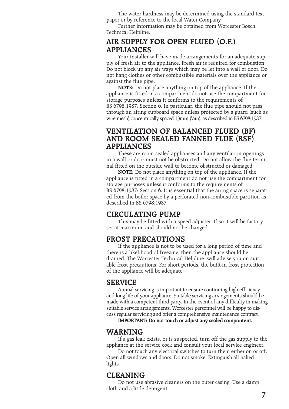 Air supply for open flued (o.f.) appliances, Circulating pump, Frost precautions | Service, Warning, Cleaning | Bosch 28CDI User Manual | Page 7 / 16