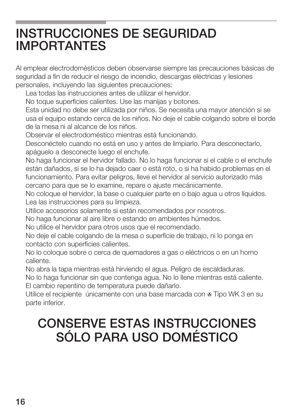 Instrucciones de seguridad importantes | Bosch TWK 911 UC User Manual | Page 16 / 24