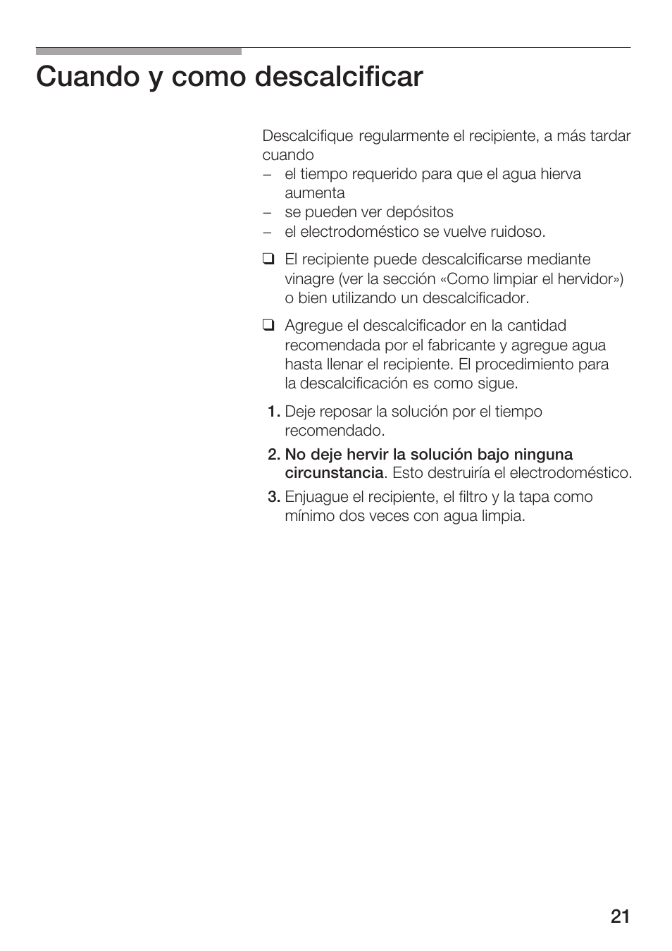 Cuando y como descalcificar | Bosch TWK 911 UC User Manual | Page 21 / 24