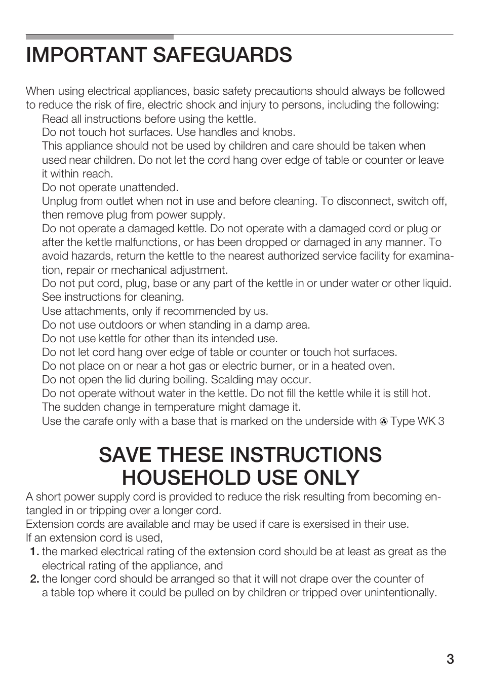 Important safeguards, Save these instructions household use only | Bosch TWK 911 UC User Manual | Page 3 / 24