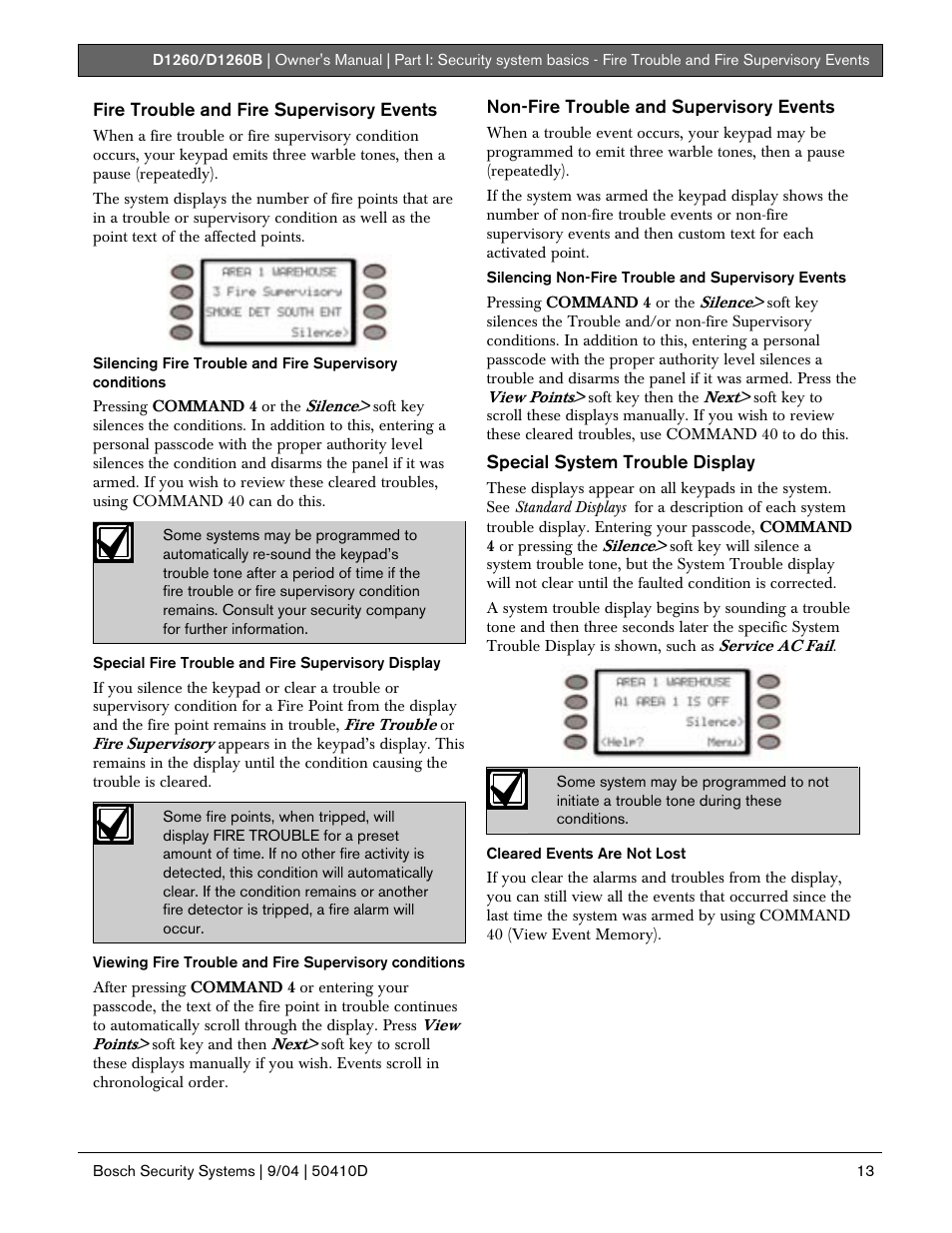 Fire trouble and fire supervisory events, Non-fire trouble and supervisory events, Special system trouble display | Bosch D1260 User Manual | Page 13 / 100