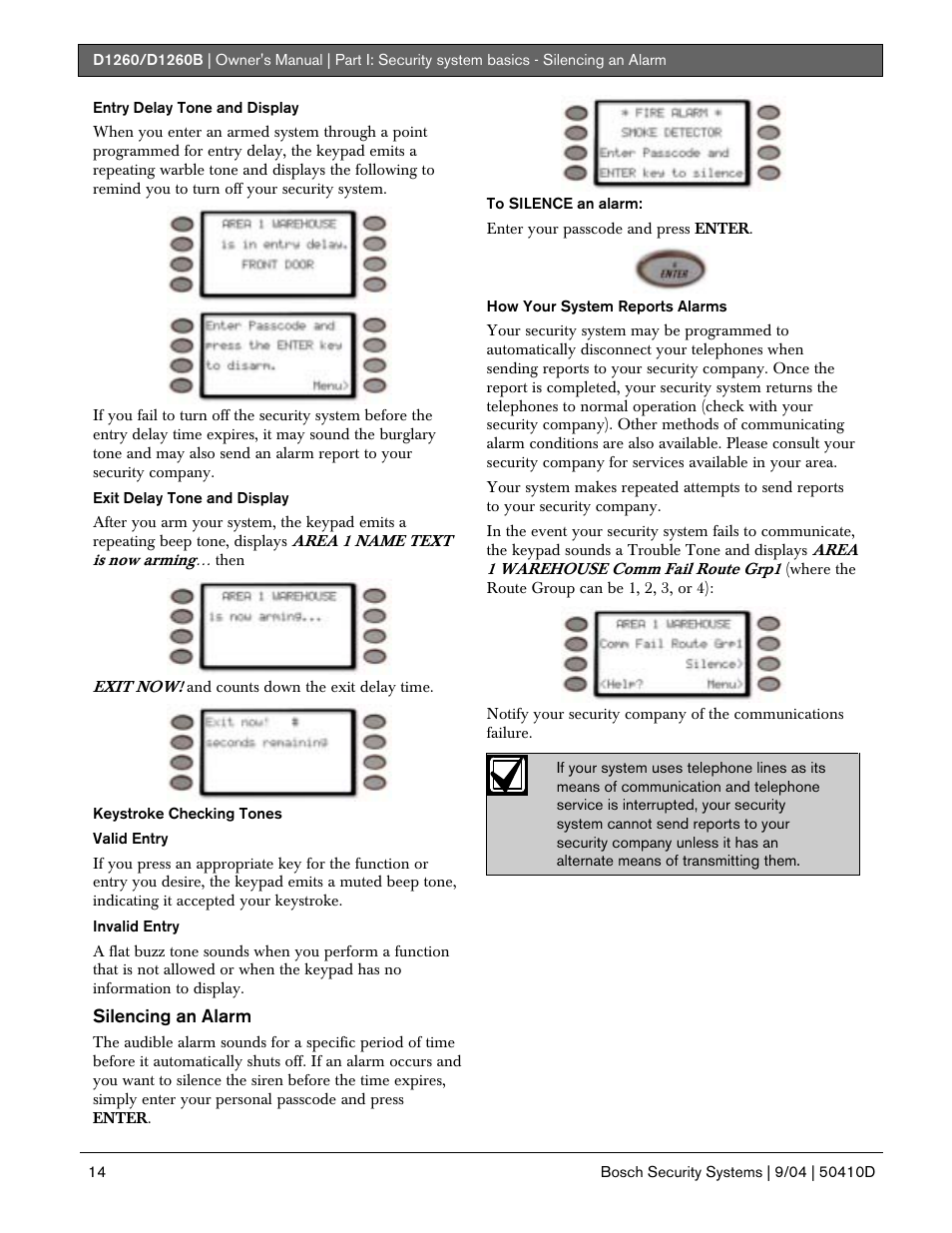 Silencing an alarm | Bosch D1260 User Manual | Page 14 / 100