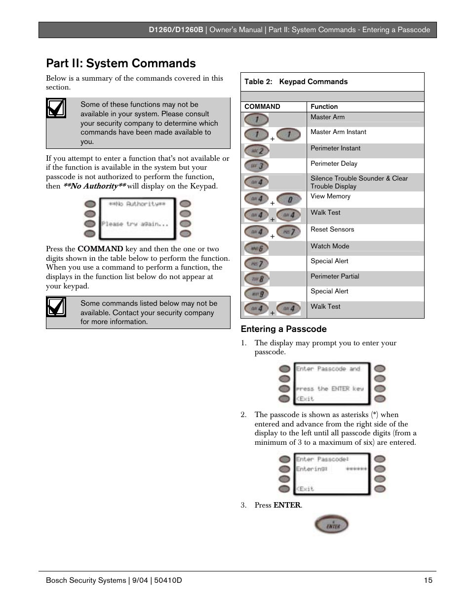 Part ii: system commands, Entering a passcode | Bosch D1260 User Manual | Page 15 / 100