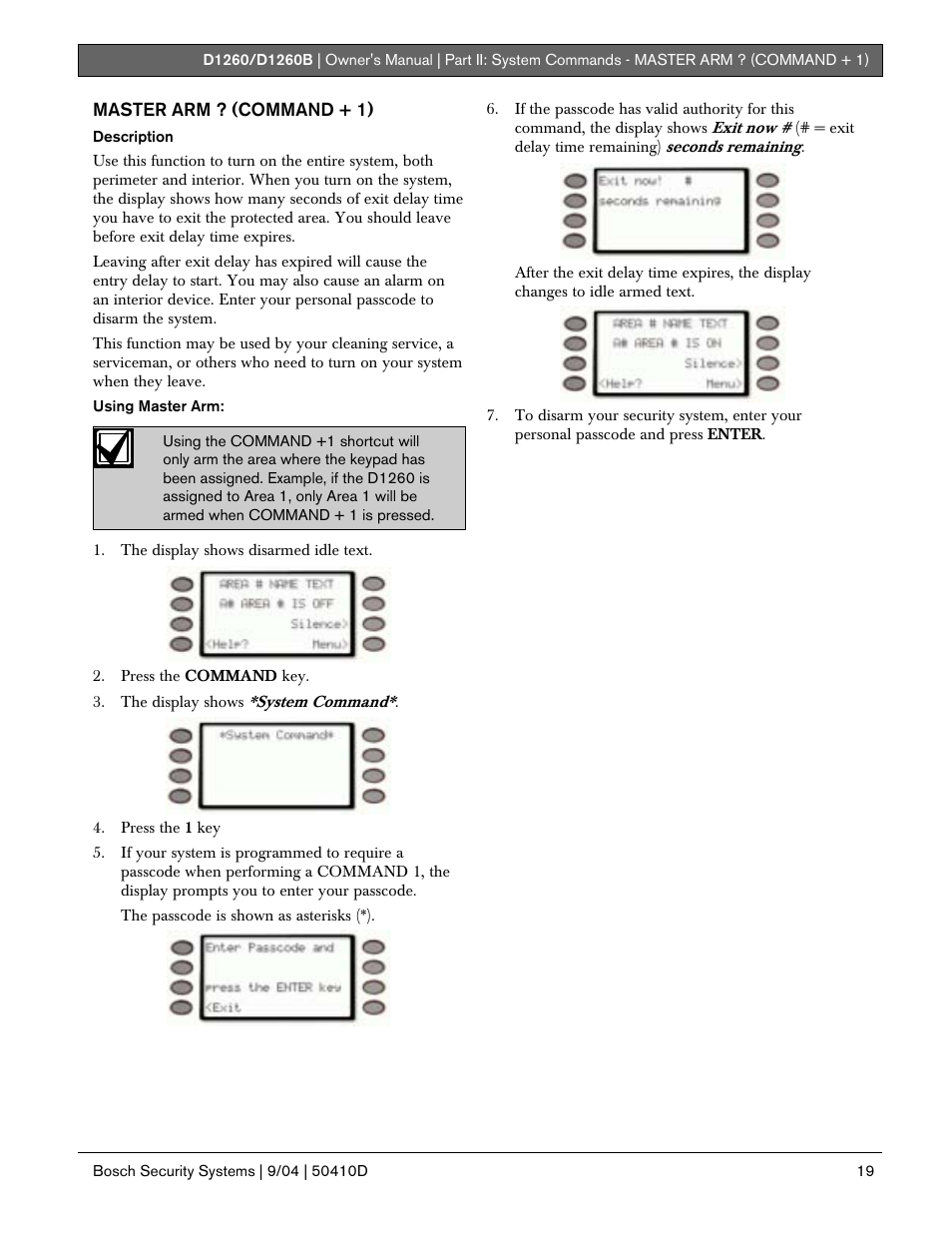 Master arm ? (command + 1) | Bosch D1260 User Manual | Page 19 / 100