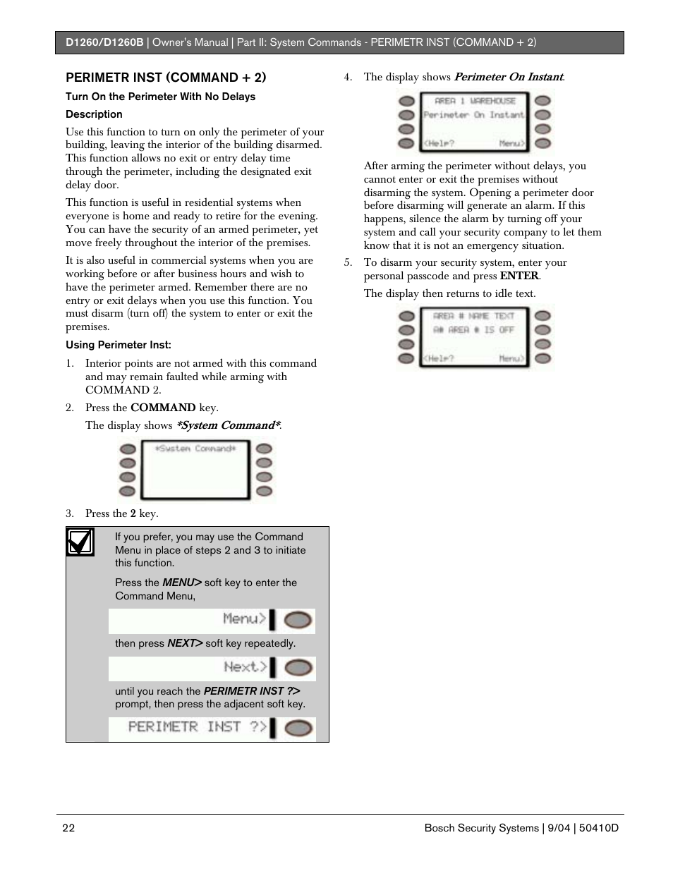 Perimetr inst (command + 2) | Bosch D1260 User Manual | Page 22 / 100