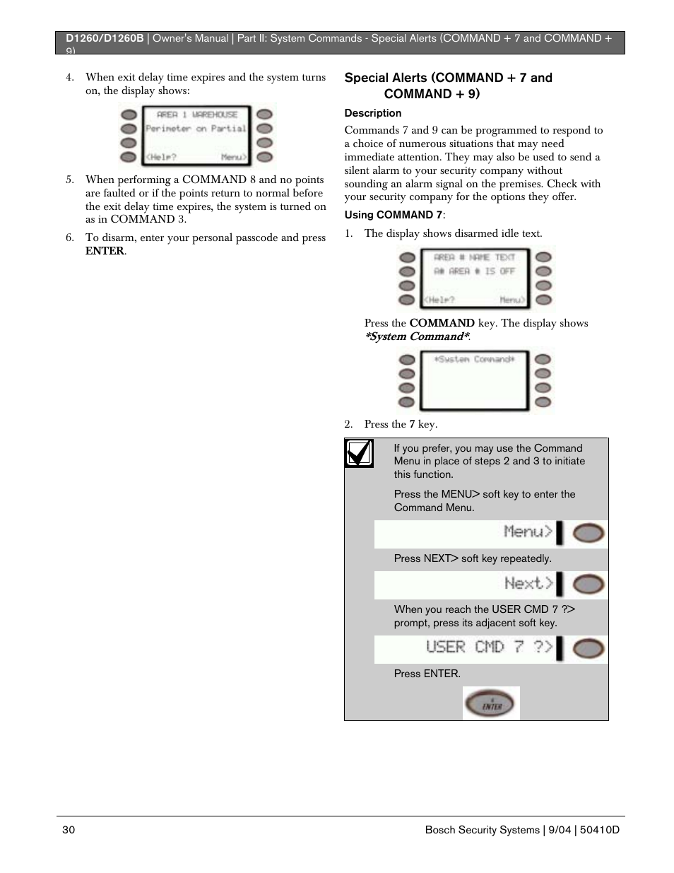 Special alerts (command + 7 and command + 9) | Bosch D1260 User Manual | Page 30 / 100