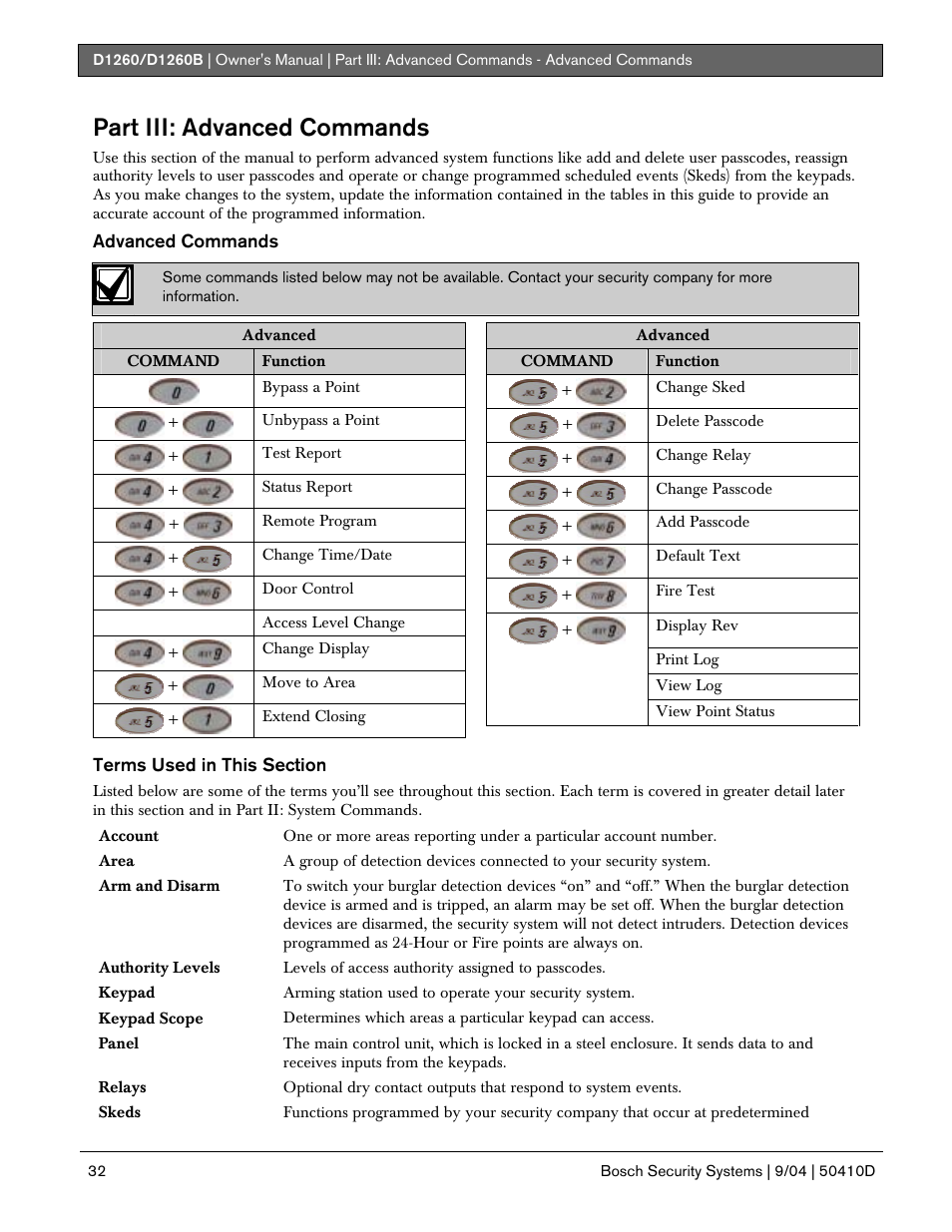 Part iii: advanced commands | Bosch D1260 User Manual | Page 32 / 100