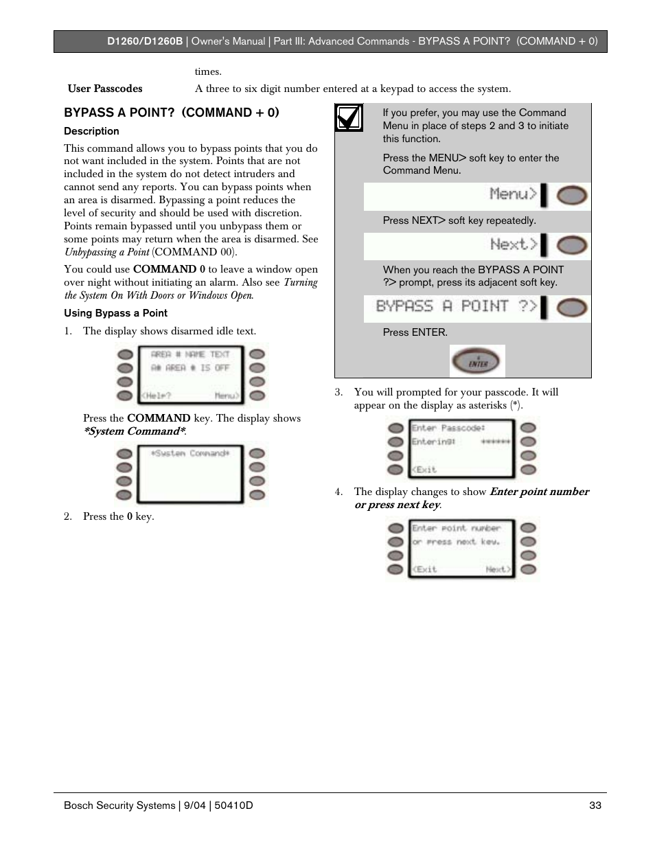 Bypass a point? (command + 0) | Bosch D1260 User Manual | Page 33 / 100