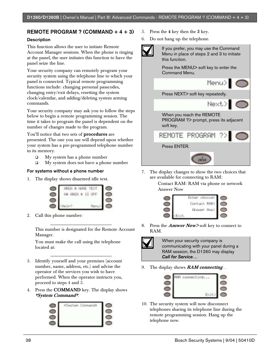 Remote program ? (command + 4 + 3) | Bosch D1260 User Manual | Page 38 / 100