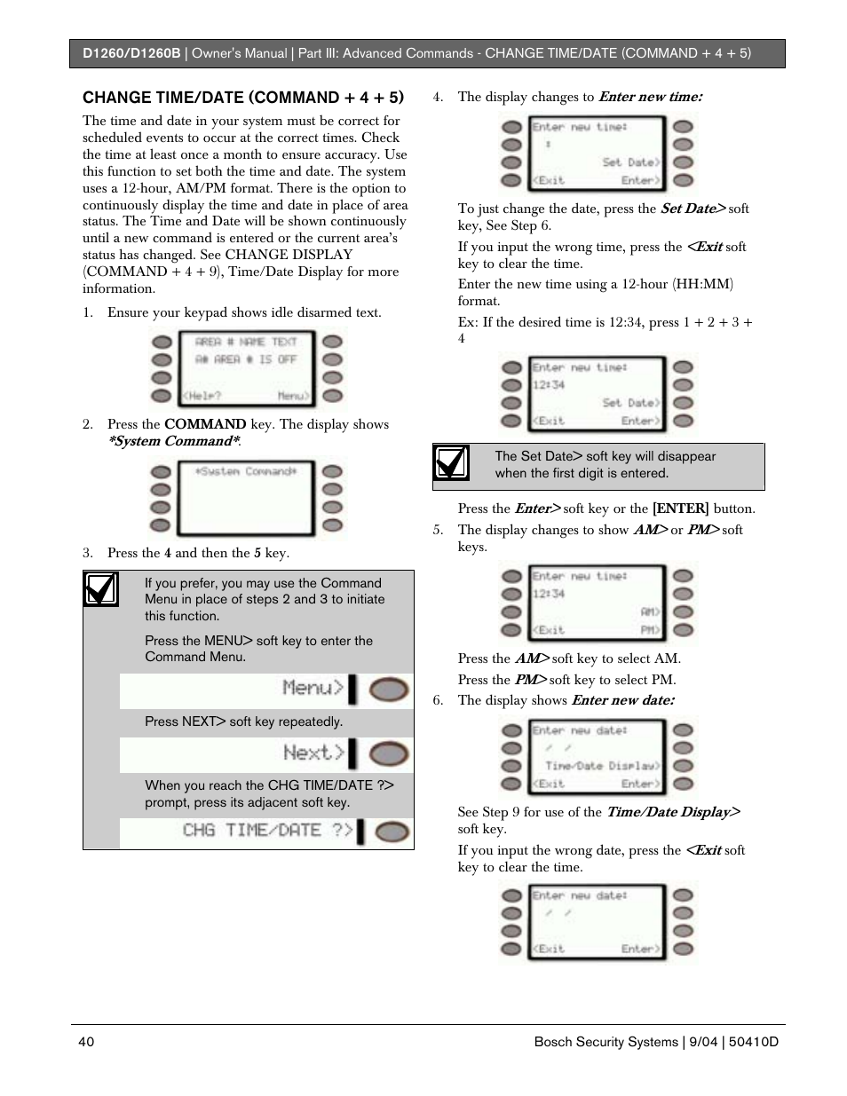 Change time/date (command + 4 + 5) | Bosch D1260 User Manual | Page 40 / 100