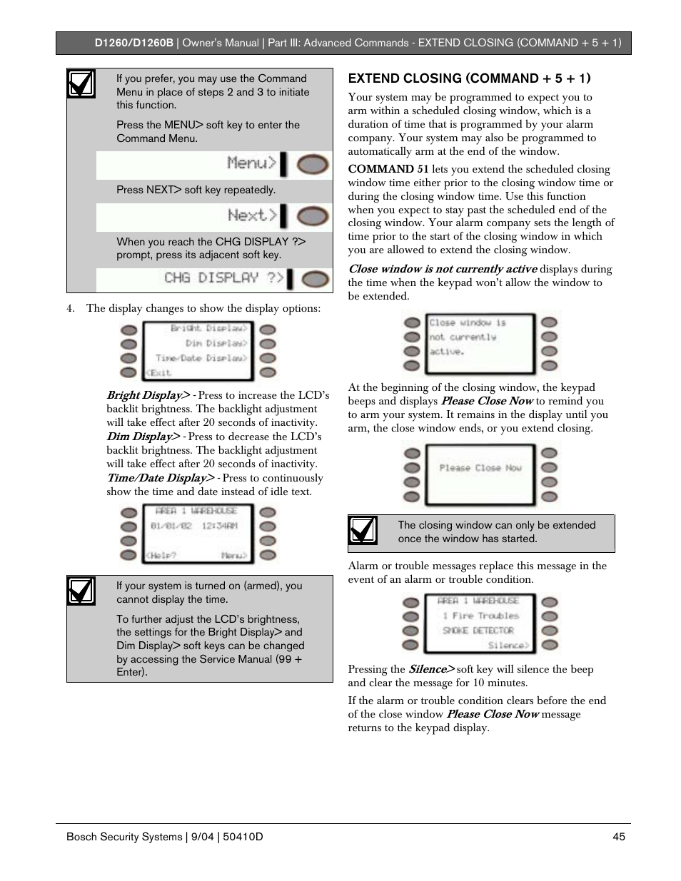 Extend closing (command + 5 + 1) | Bosch D1260 User Manual | Page 45 / 100
