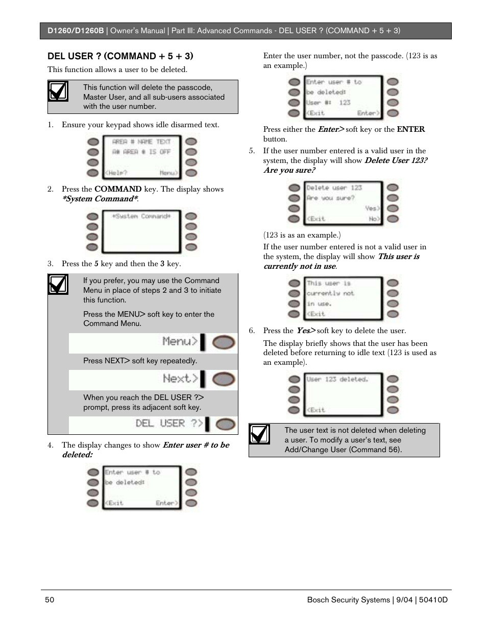 Del user ? (command + 5 + 3) | Bosch D1260 User Manual | Page 50 / 100
