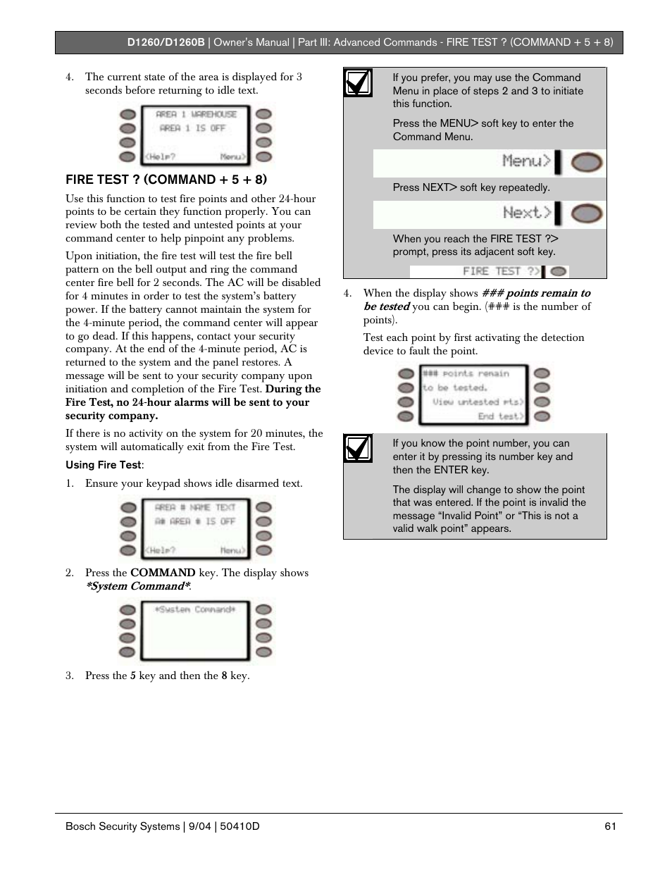 Fire test ? (command + 5 + 8) | Bosch D1260 User Manual | Page 61 / 100