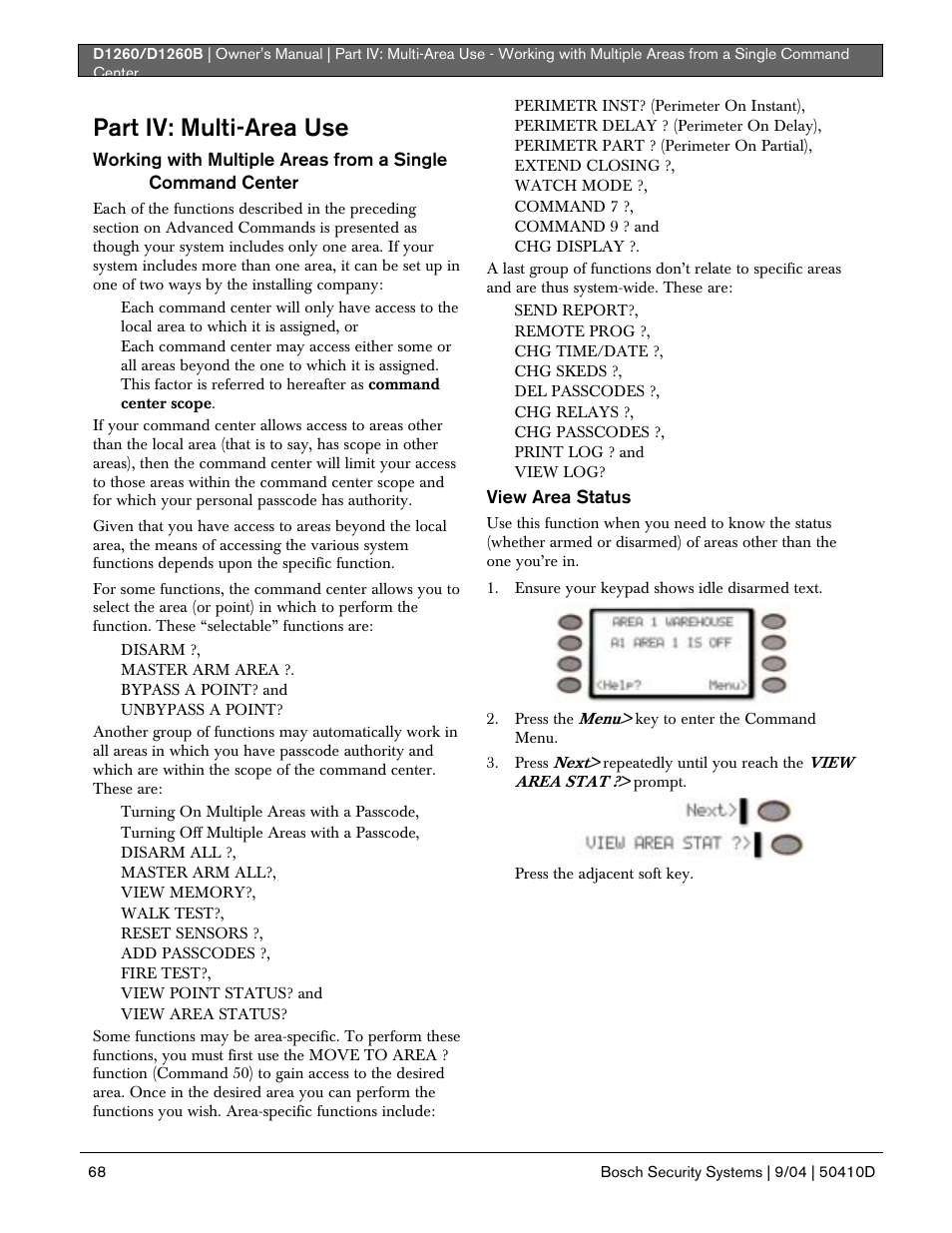 Part iv: multi-area use | Bosch D1260 User Manual | Page 68 / 100