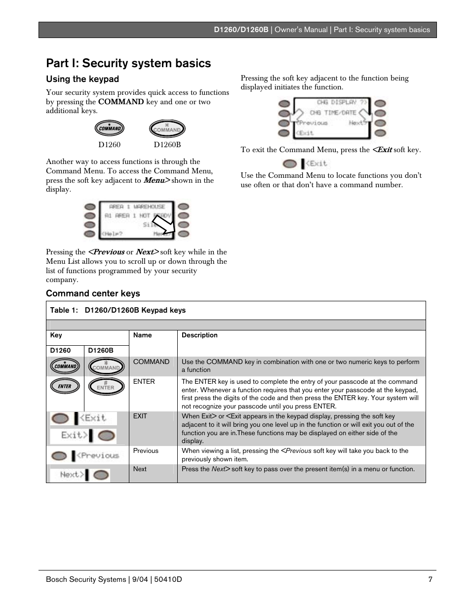 Part i: security system basics, Using the keypad, Command center keys | Bosch D1260 User Manual | Page 7 / 100