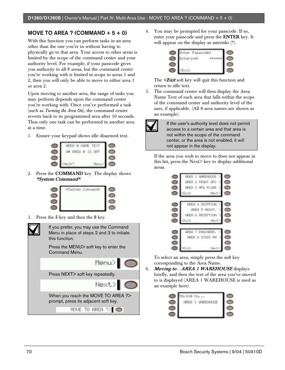 Move to area ? (command + 5 + 0) | Bosch D1260 User Manual | Page 70 / 100