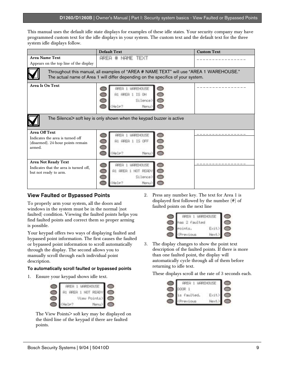 View faulted or bypassed points | Bosch D1260 User Manual | Page 9 / 100